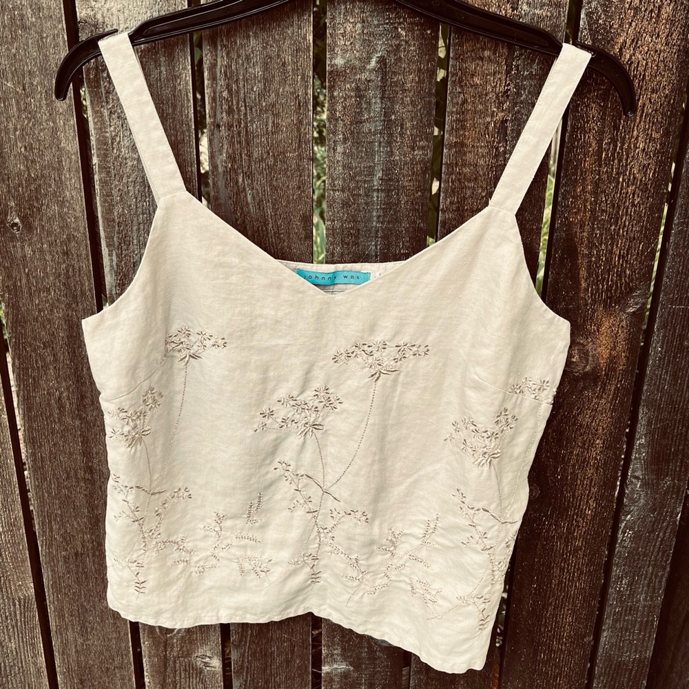 Johnny Was Vintage 100% Linen Floral Embroidered Tank Top In Beige Sz L